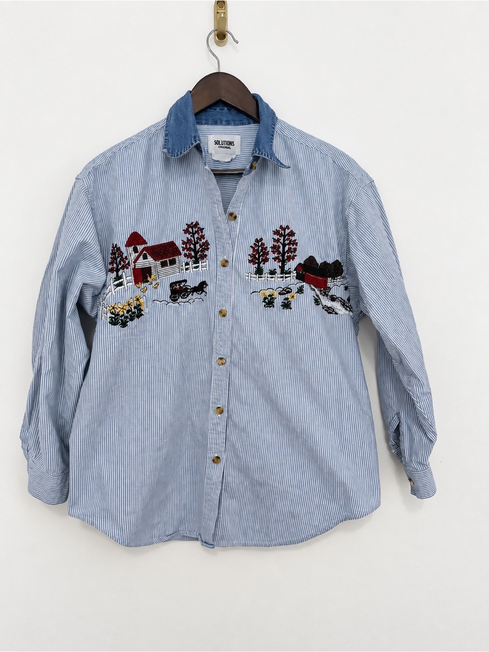 Vintage Solutions Original Embroidered Farm Scene Striped Shirt Estimated M